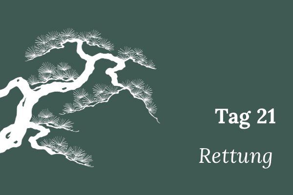 Illustration einer stilisierten Mädchenkiefer, Text „Tag 21 – Rettung“