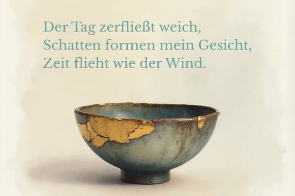 Kintsugi-Schale mit Goldadern auf hellem Hintergrund, Haiku-Text: Der Tag zerfließt weich, Schatten formen mein Gesicht, Zeit flieht wie der Wind.