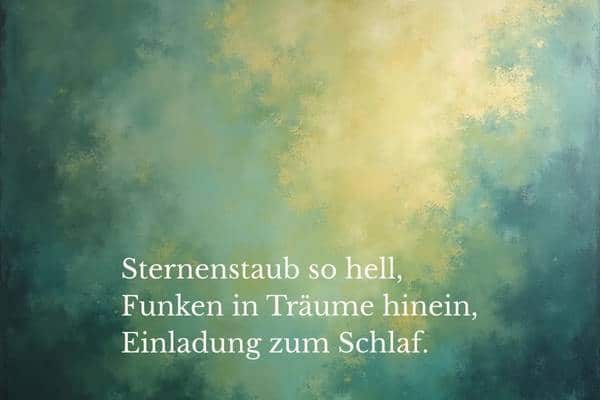 Abstraktes Gemälde in Grün und Gold, Haiku-Text: Sternenstaub so hell, Funken in Träume hinein, Einladung zum Schlaf.
